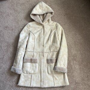 Vintage Inspired Penny Lane Faux Leather Fur Lined MidLength Hooded Coat Size XS